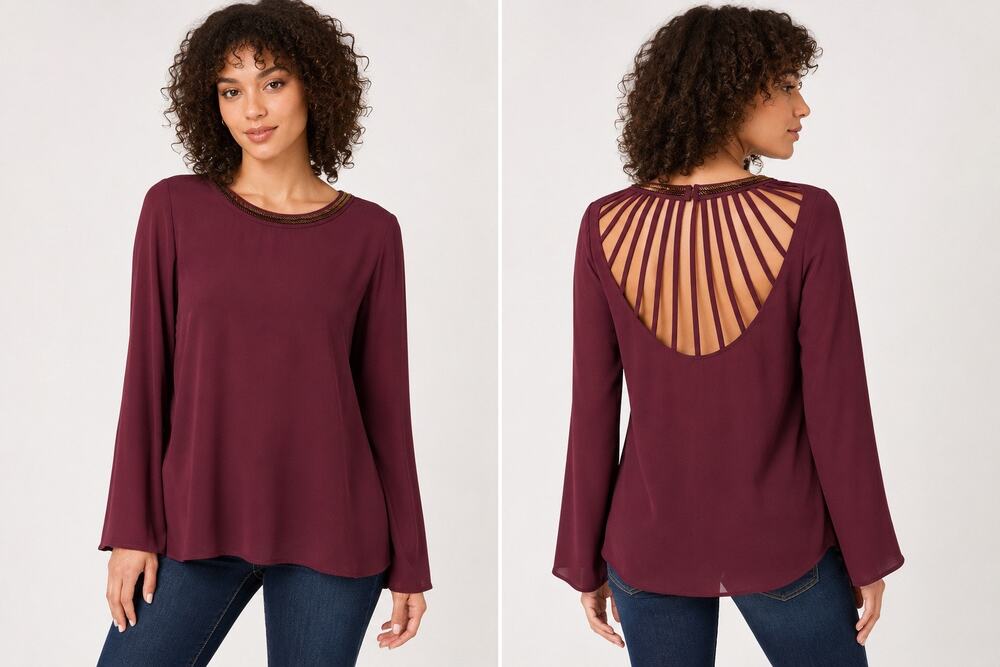 Moa Moa Maroon Cutout Back Beaded Blouse | Women’s Small